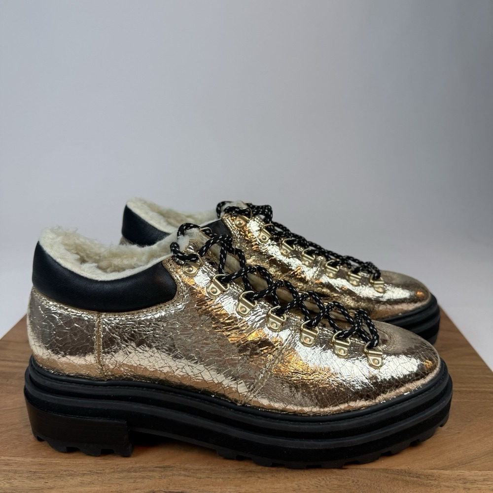 New Womens‎ Schutz Lucille Gold Metallic Leather Lace Up Platform Shoes Size 9.5